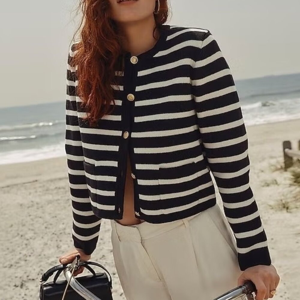 Loft Striped Cotton Jacket Cardigan Sweater Size Medium Petite